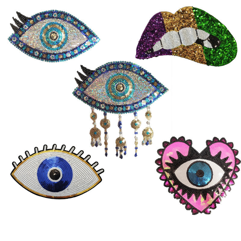 Wholesale 10pcs Fashion Clothing Accessories Bead Embroidery Heart Eye Mouth Glitter Patches FS